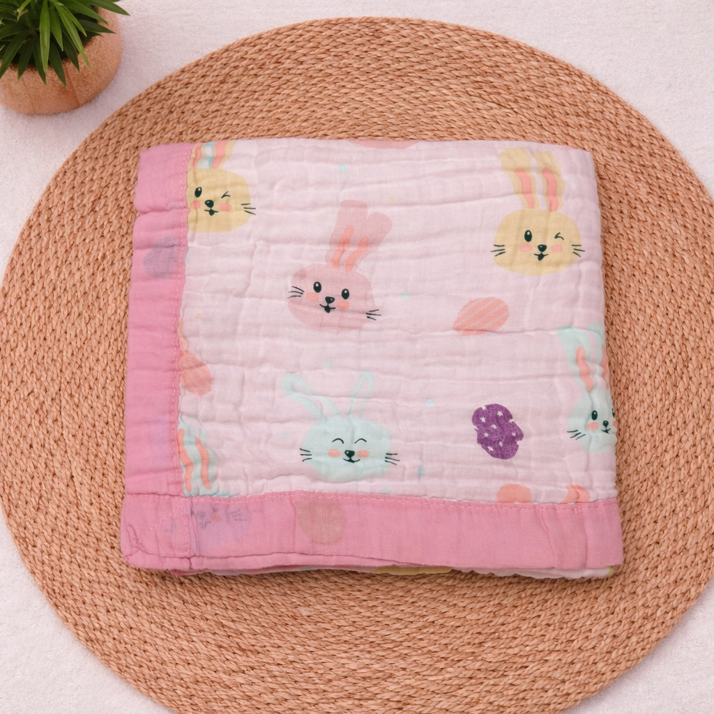 100% Cotton Muslin Baby Blanket 6 Layer Soft Blanket Muslin Blanket for Kids Baby Infants - PINK BUNNY CODE:NBE